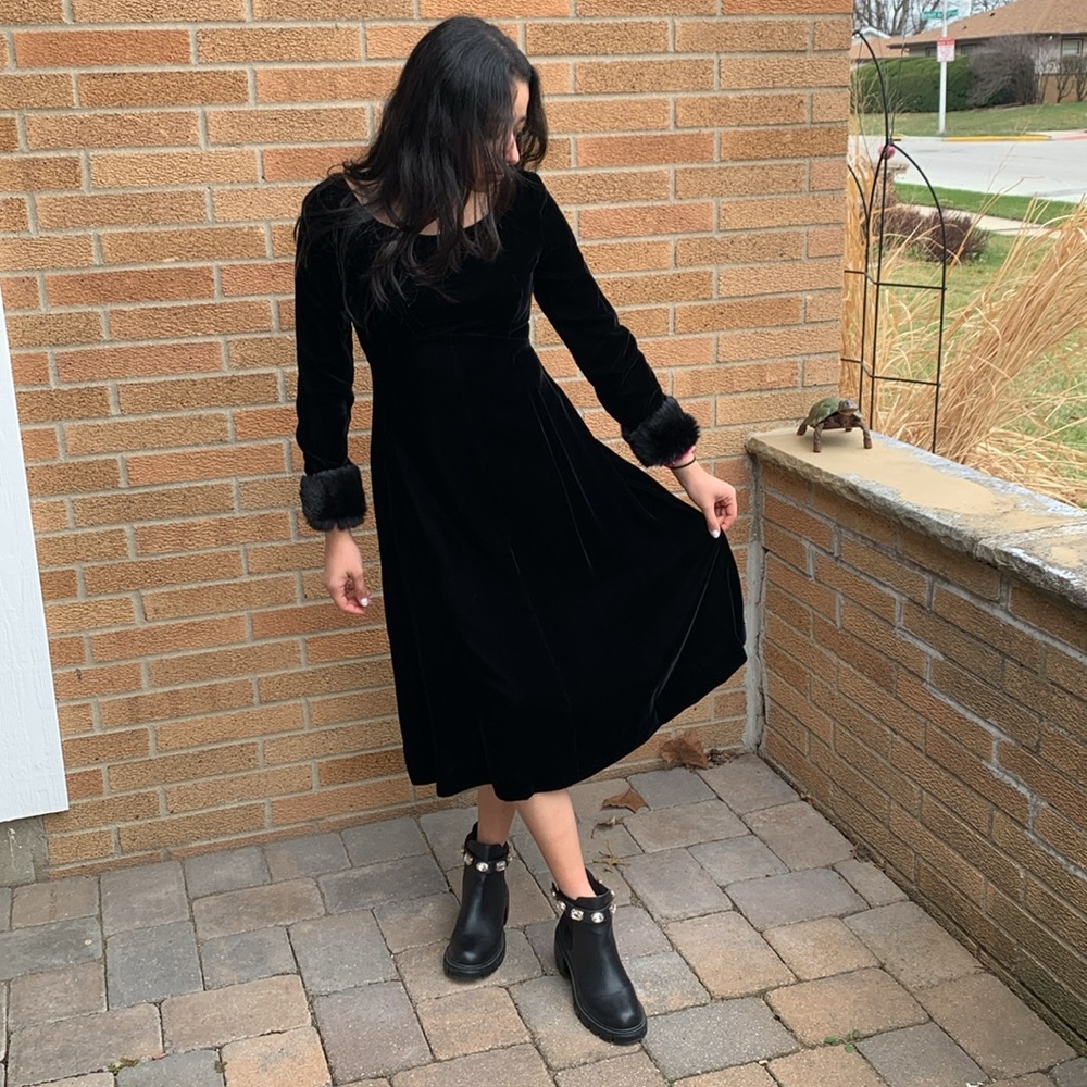 Vintage Black Velvet Fur Trimmed Cocktail Dress by Bernie Bee